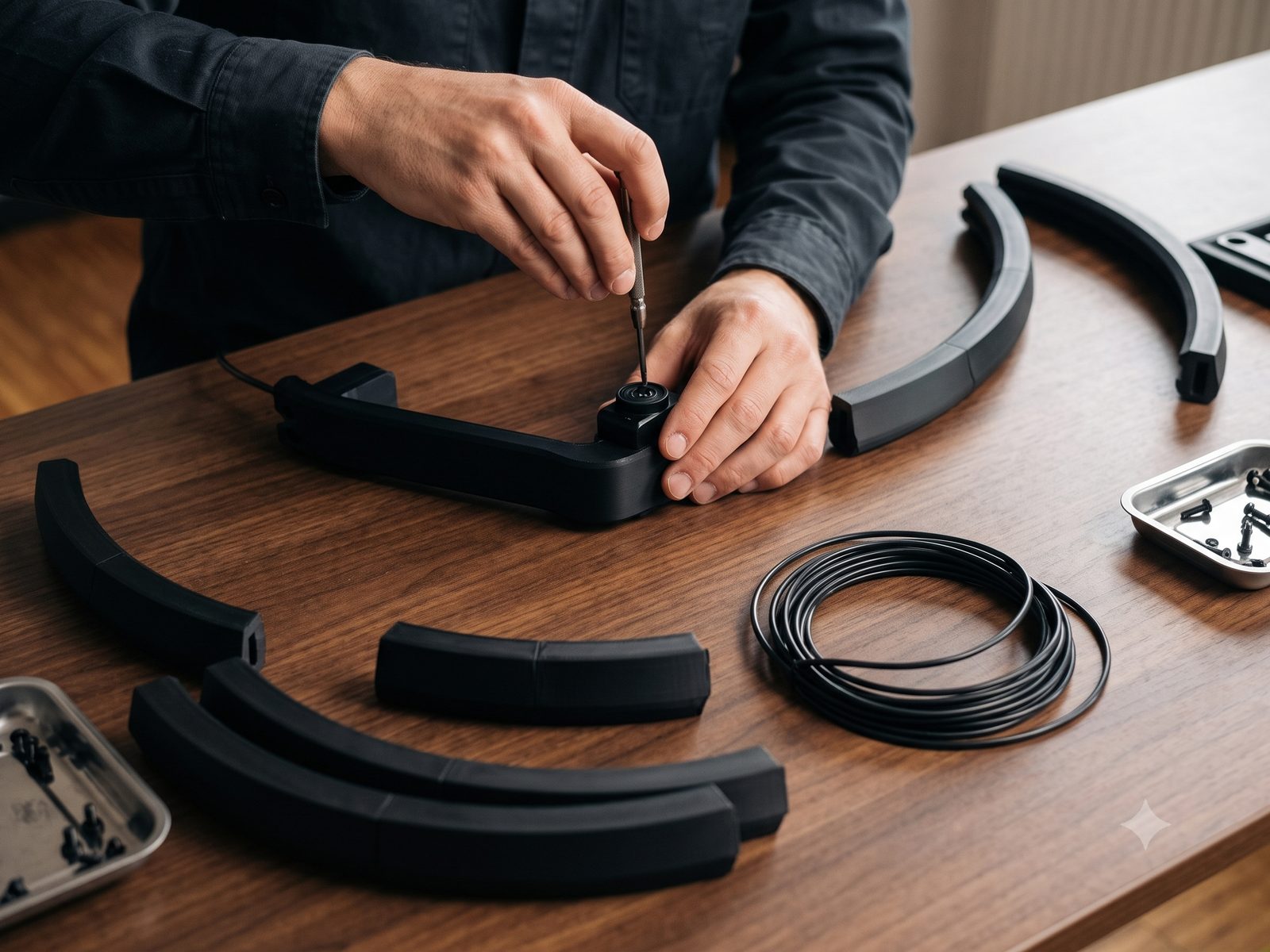 Hände montieren einen Kamera-Arm; daneben Ring-Segmente, Kabel
                und Kleinteile auf der Werkbank.